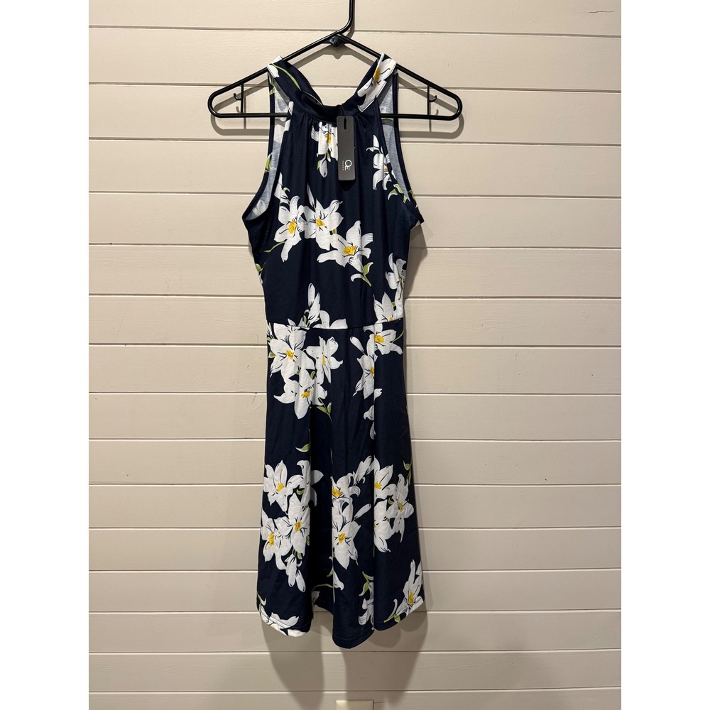 QE Navy Blue White Lily Floral Halter Neck Fit and Flare Dress Womens Medium NWT